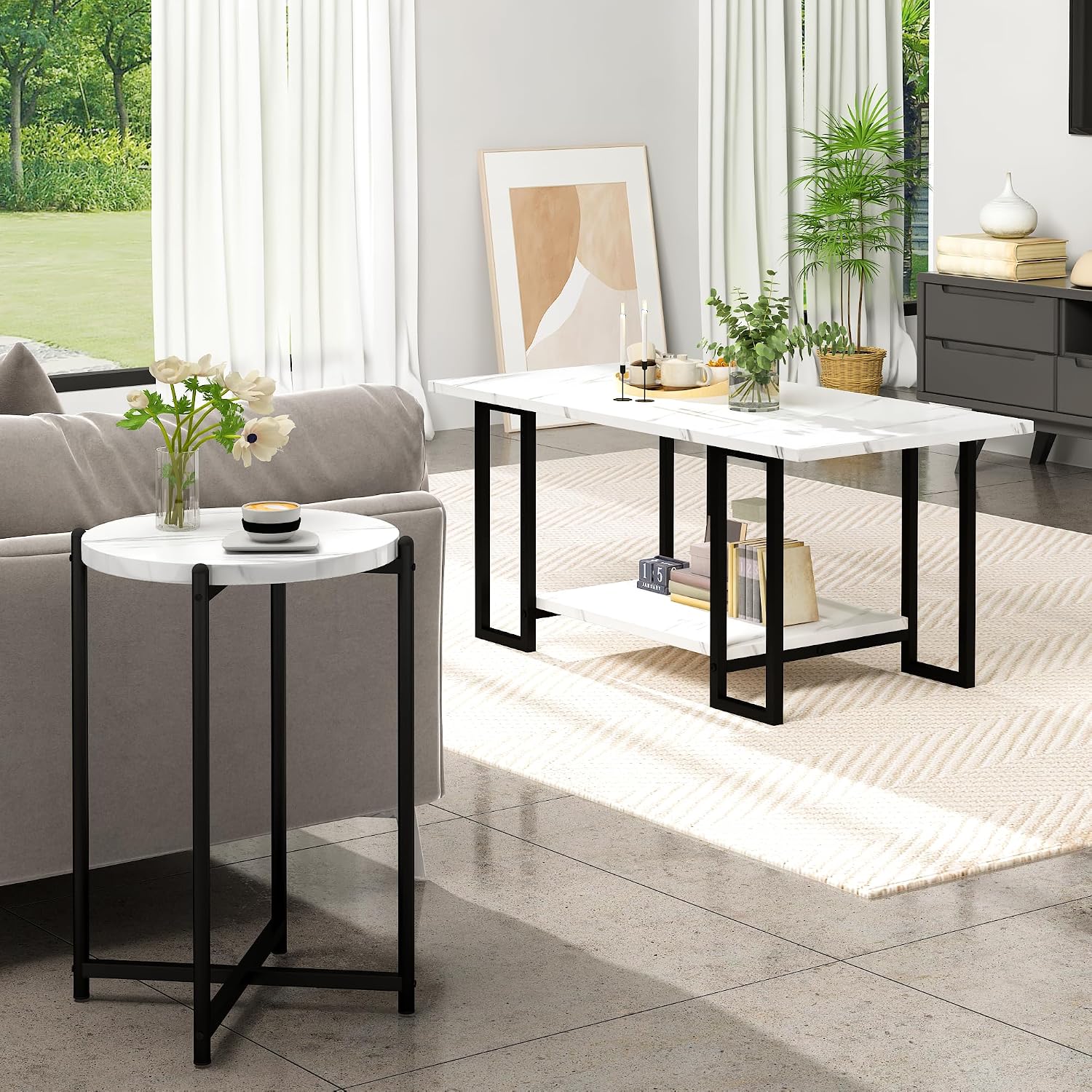 Hooseng Coffee Table Set of 3 Coffee Table and end Table Sets, Modern Living Room Table Set with Metal Frame for Apartment Home Office White Black