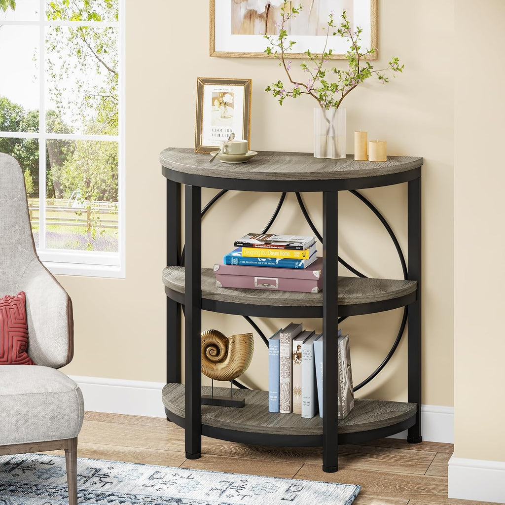 Tribesigns Half Round End Table Set of 2, 3-Tier Half Circle Side Table with Metal Frame, Industrial Half Moon Table, Half Coffee Accent Table Bedside Table for Living Room, Bedroom, Grey