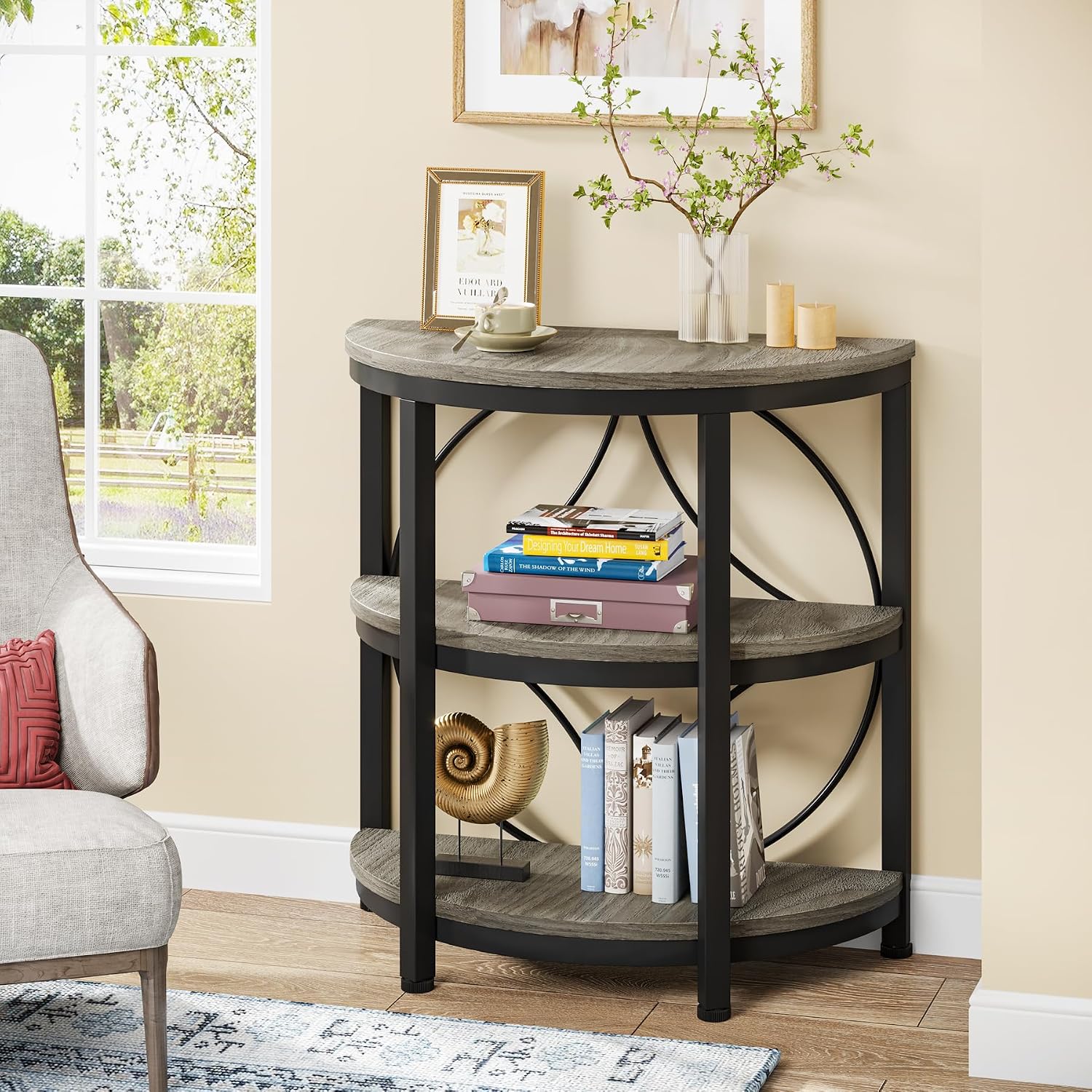 Tribesigns Half Round End Table Set of 2, 3-Tier Half Circle Side Table with Metal Frame, Industrial Half Moon Table, Half Coffee Accent Table Bedside Table for Living Room, Bedroom, Grey