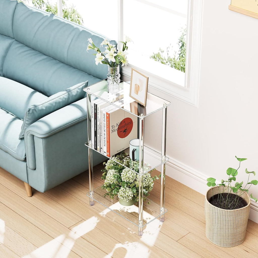 Clear Acrylic Narrow Side Table Set of 2 for Small Spaces, 15.75' L x 7.87' W x 26.7' H, 3 Tier Rectangle Slim End Table Nightstand, Small Mini Skinny Bedside Table for Bedroom, Living Room