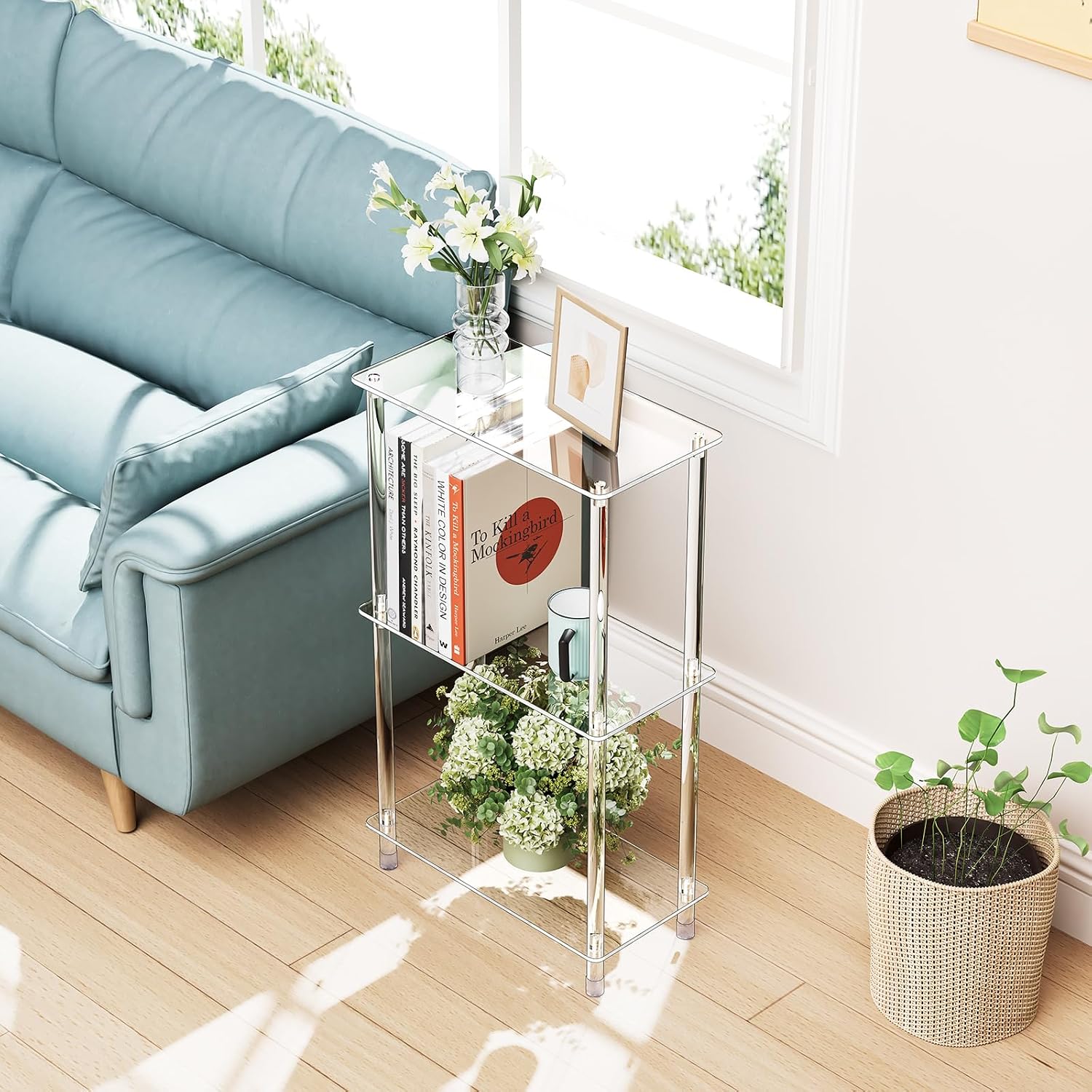 Clear Acrylic Narrow Side Table Set of 2 for Small Spaces, 15.75' L x 7.87' W x 26.7' H, 3 Tier Rectangle Slim End Table Nightstand, Small Mini Skinny Bedside Table for Bedroom, Living Room
