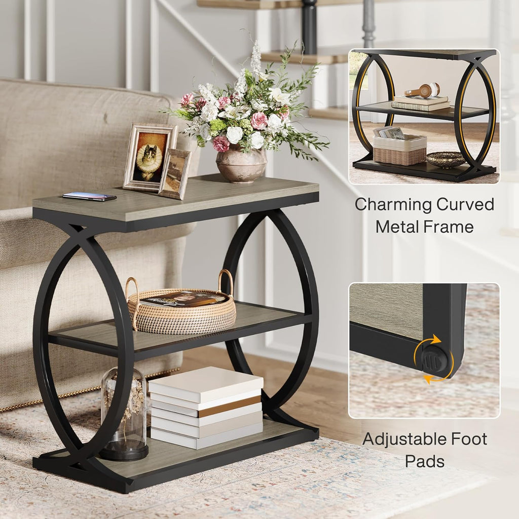 Tribesigns End Table Set of 2, Narrow 3-Tier End Table for Living Room, Industrial Wooden Side Table with Metal Frame, Small Bedside Nightstand for Bedroom, Small Spaces, Grey