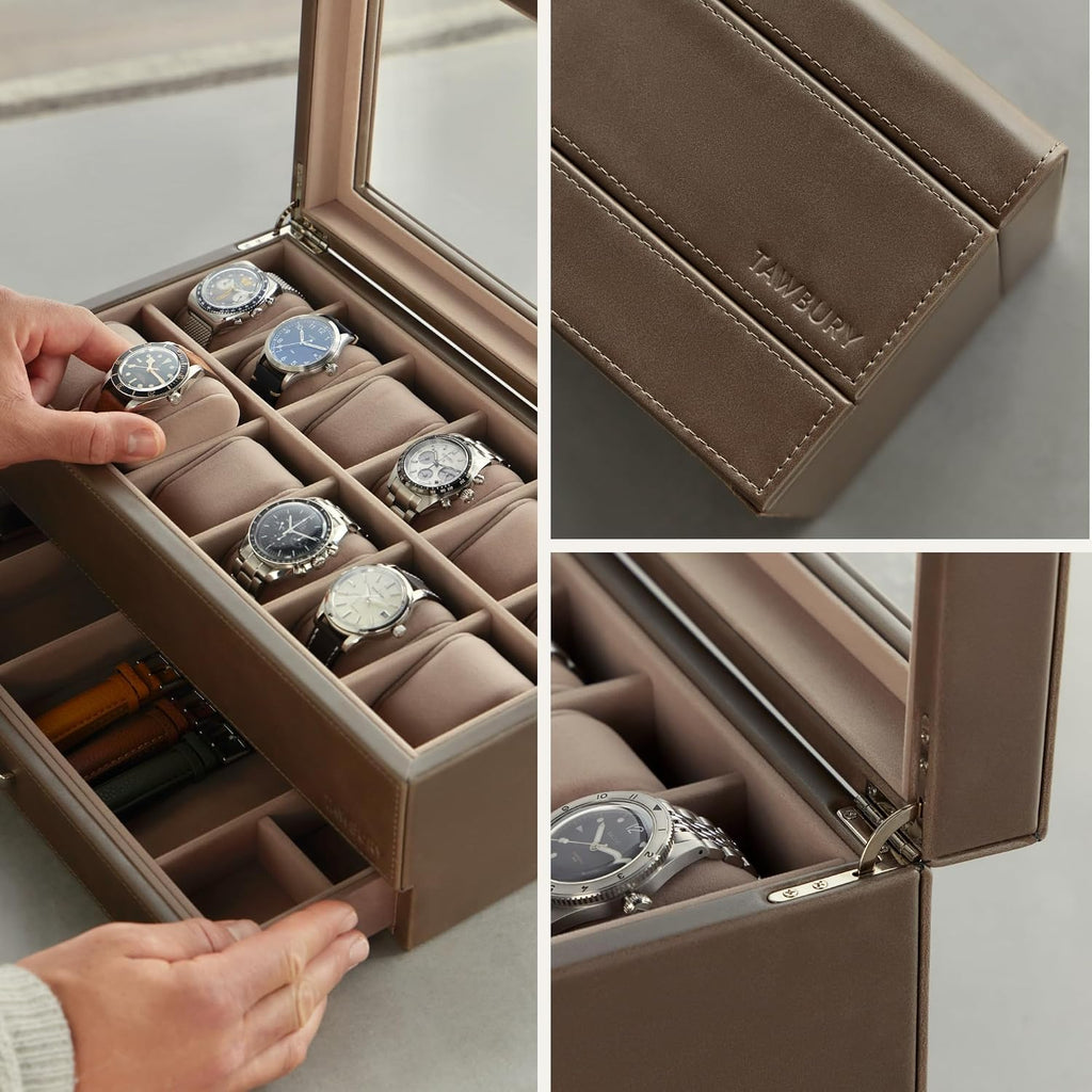 TAWBURY 12 Slot Watch Box with Storage Drawer – Premium Watch Storage Case for Men & Women | Handcrafted from PU Leather & Engineered Wood (Taupe)