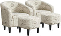 Yaheetech Accent Chair with Foot Rest, Mid Century Modern Upholstered Soft Barrel Chair, Comfy Fabric Armchair and Footrest Set for Living Room/Bedroom/Reading Room, Set of 2 Letter Print