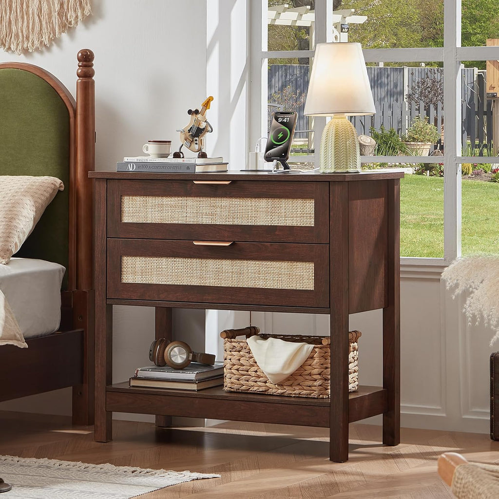 LEYAOYAO 31.5' Wide Rattan Night Stand, Large Boho Nightstand, Bedside Table with Storage, Tall Bed Side End Tables, Chest of Drawers for Bedroom, Living Room, Hallway（Walnut,2 Drawers with Charger,2）