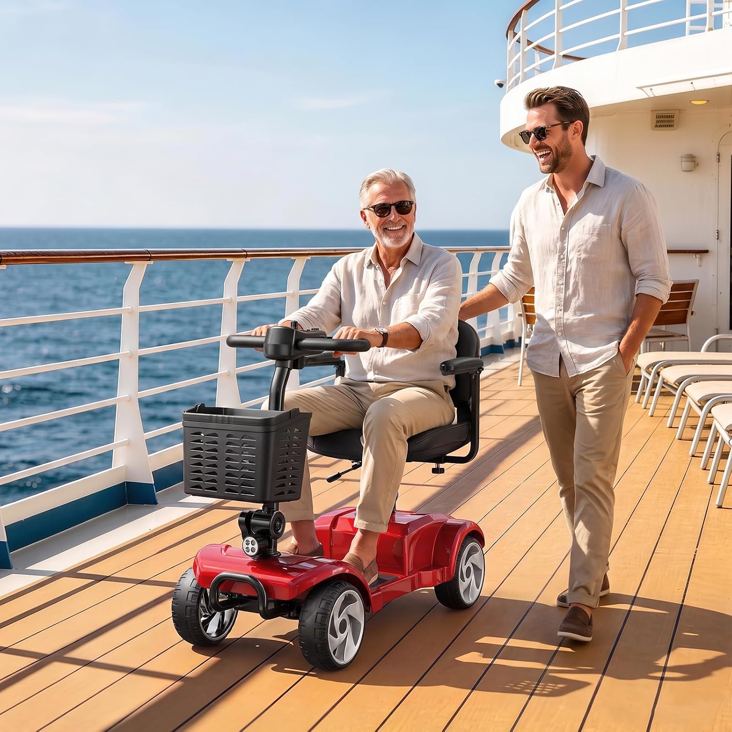 4 Wheel Electric Mobility Scooter for Adults and Seniors, 20 Miles Range Foldable Electric Scooter, Compact Heavy Duty Mobile for Cruise Travel with 300 lb Capacity, Powered Electric Wheelchair, Red
