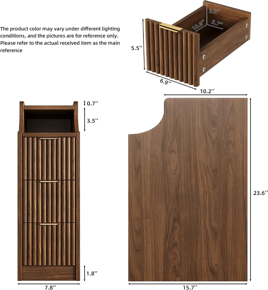 7.9' Narrow Nightstand Set of 2,23.6' Tall Fluted Bedside Table Set of 2, Slim Side End Table with 3 Drawers, Wooden Bedside Table, Mid Century Modern Night Stand for Bedroom Livingroom Sofa Office