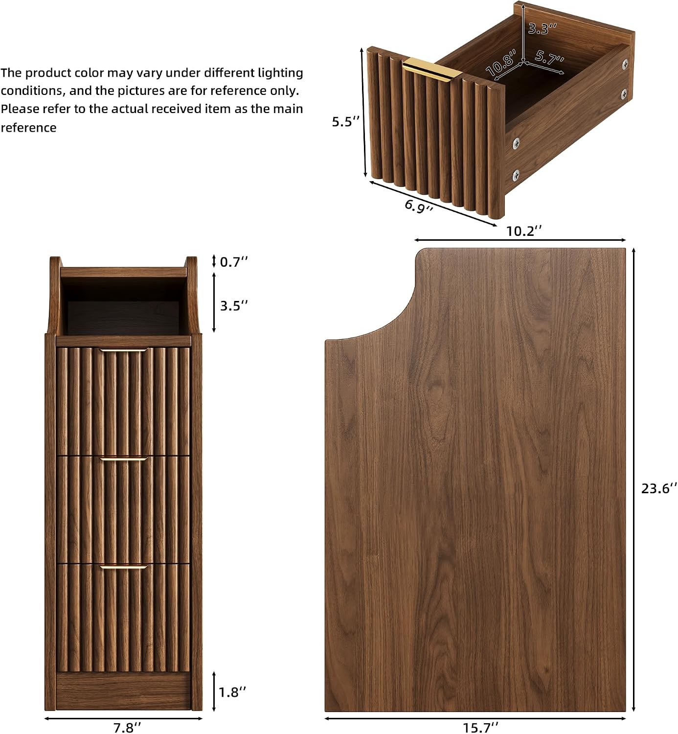 7.9' Narrow Nightstand Set of 2,23.6' Tall Fluted Bedside Table Set of 2, Slim Side End Table with 3 Drawers, Wooden Bedside Table, Mid Century Modern Night Stand for Bedroom Livingroom Sofa Office