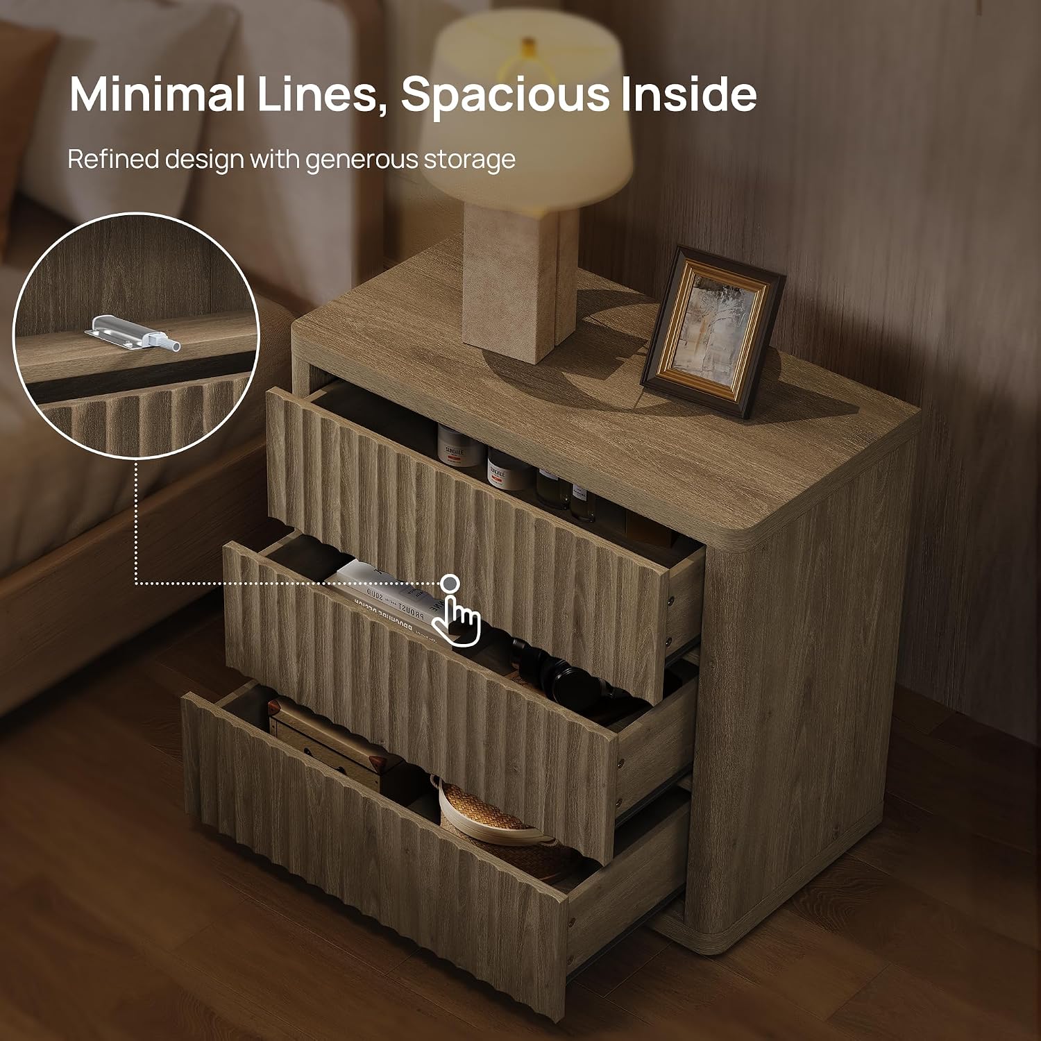 SICOTAS Night Stand Set 2 - Oversized Extra Large Bedside Table Modern Side Table with Storage Fluted 3 Drawer Nightstand 27.5' W End Tables Dorm Room Nightstands for Bedroom Sofa Couch Home Office