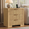 24' Fluted Night Stand with Charging Station, Wood Bedside Table with 3 Drawers, Modern nightstand for Bedroom, Office, Natural Oak