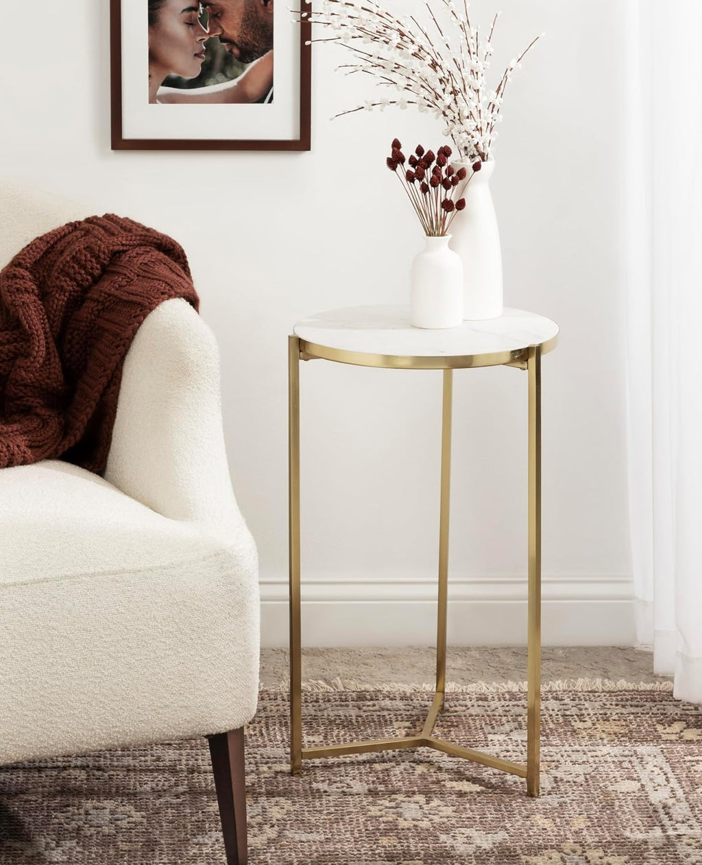 Kate and Laurel Aguilar Modern Round Side Table, 15 x 15 x 24, White and Gold, Genuine Marble Nightstand for Small Spaces and Living Room Decor