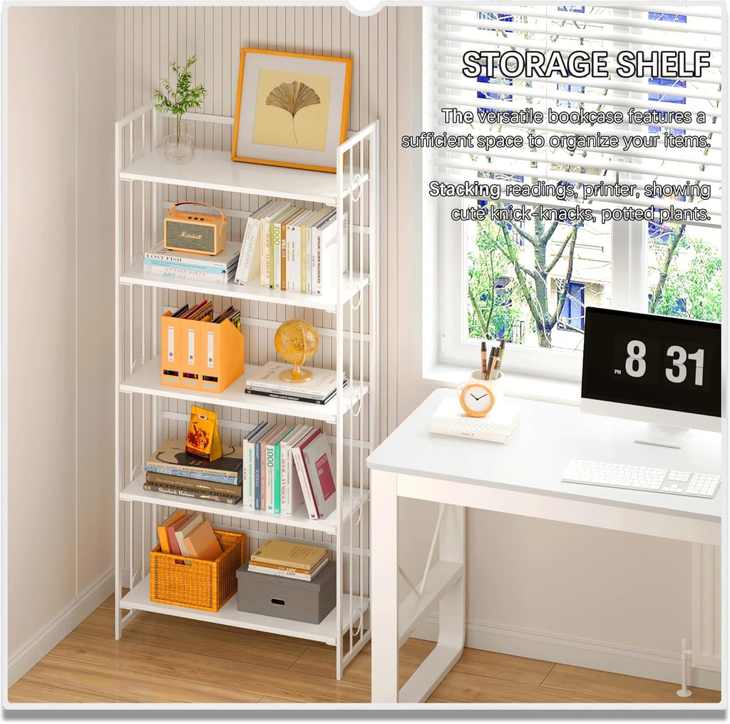 4NM No Assembly 5 Tiers Folding Bookshelf, 59.4' H Foldable Storage Shelves Vintage Bookcase Standing Racks Study Organizer Home Office - All White