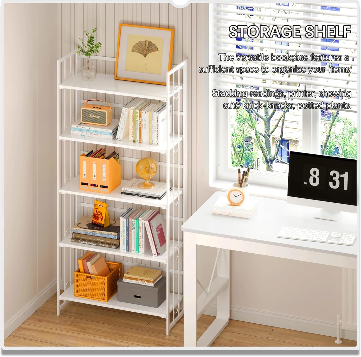 4NM No Assembly 5 Tiers Folding Bookshelf, 59.4' H Foldable Storage Shelves Vintage Bookcase Standing Racks Study Organizer Home Office - All White