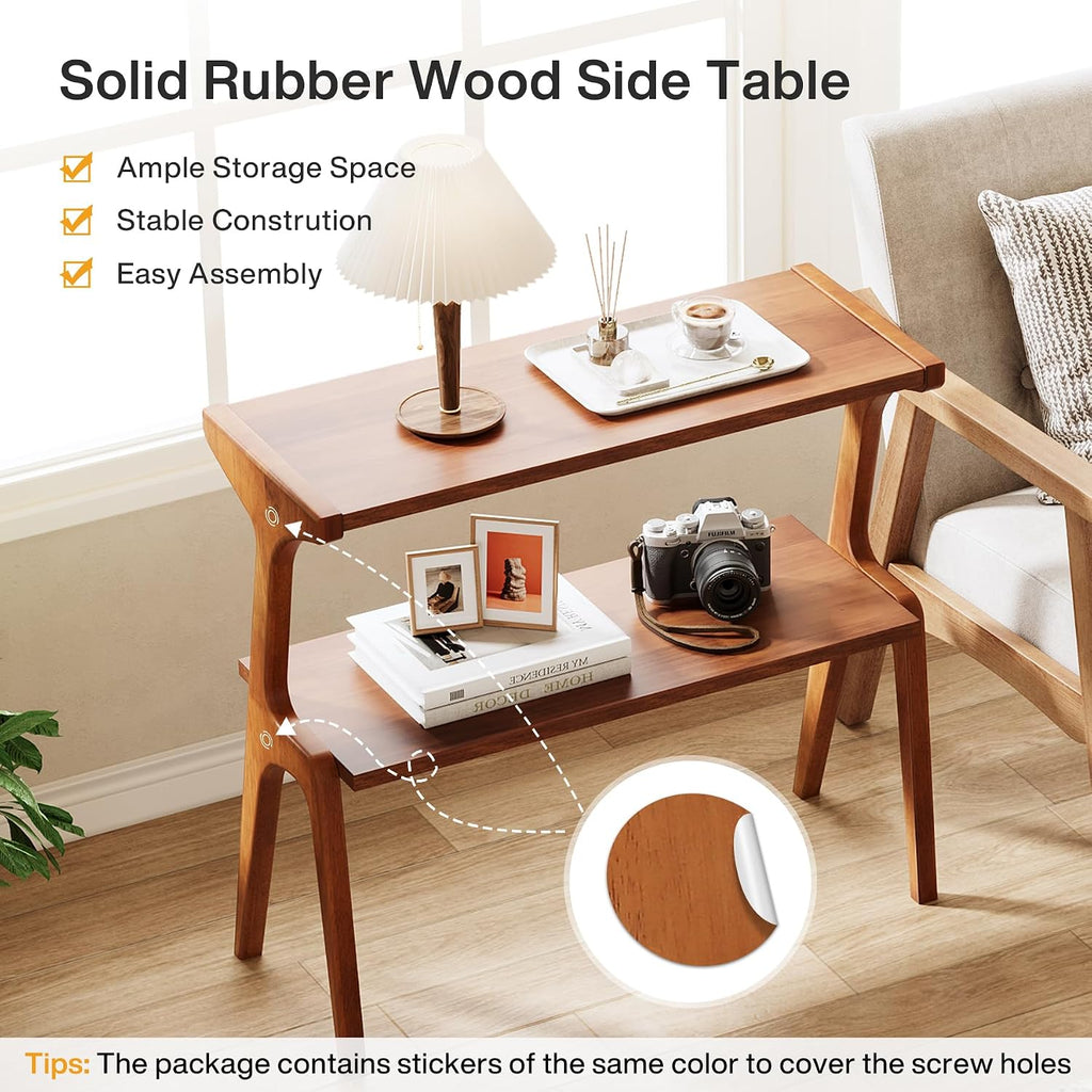 Tribesigns Set of 2 Solid Wood End Table, Modern Side Table for Couch, 2-Tier Narrow Tall End Table, Long Bedside Table for Living Room, Bedroom, Walnut