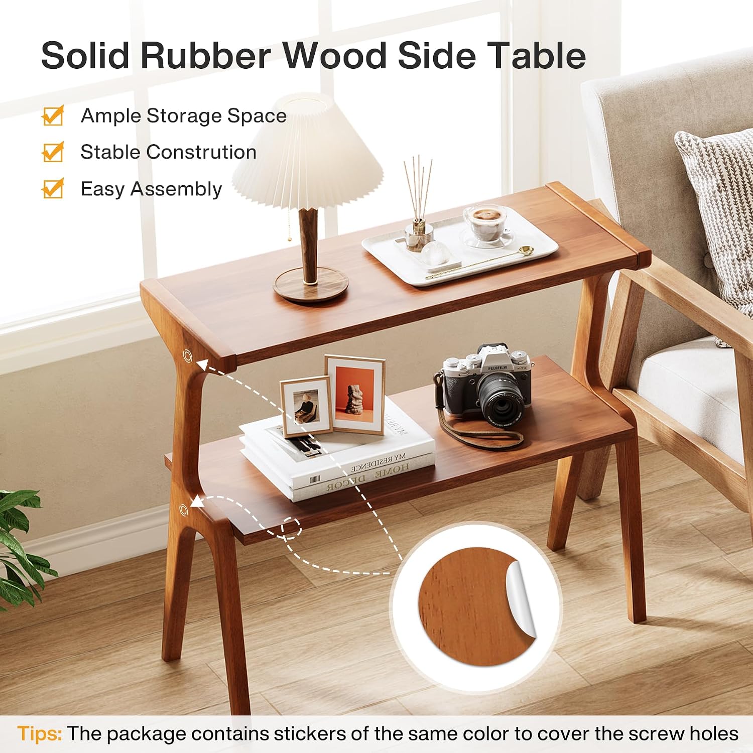 Tribesigns Set of 2 Solid Wood End Table, Modern Side Table for Couch, 2-Tier Narrow Tall End Table, Long Bedside Table for Living Room, Bedroom, Walnut