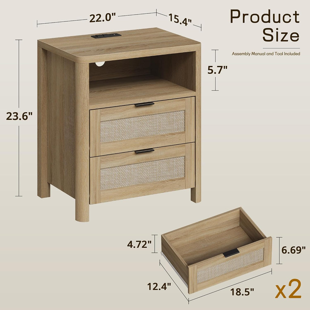 MECHYIN Rattan Nightstand with Charging Station, 23.6' Large Bedside Side Table with Drawer, Wood End Table with Storage, Mid-Century Modern Furniture Side Table for Bedroom, Living Room