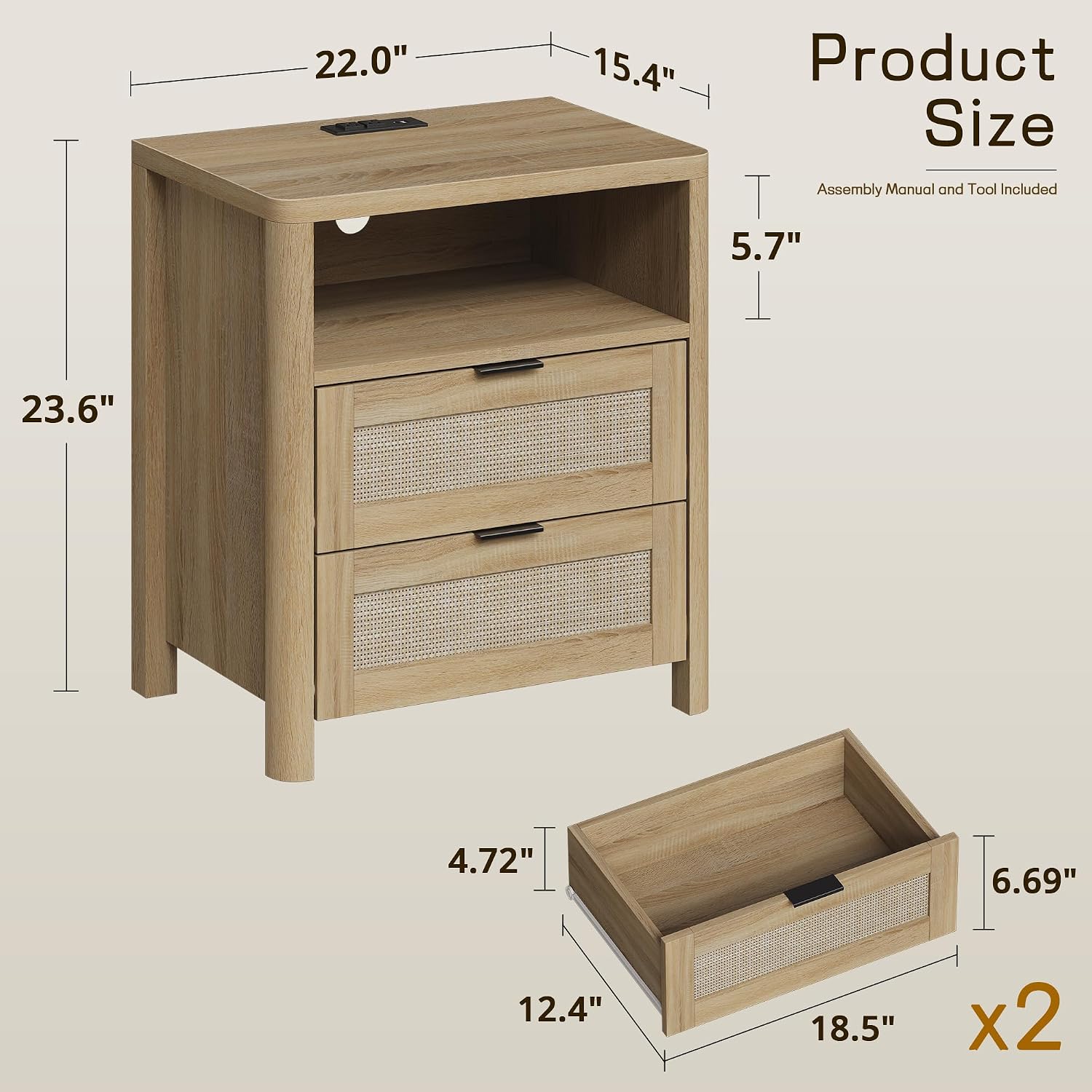 MECHYIN Rattan Nightstand with Charging Station, 23.6' Large Bedside Side Table with Drawer, Wood End Table with Storage, Mid-Century Modern Furniture Side Table for Bedroom, Living Room