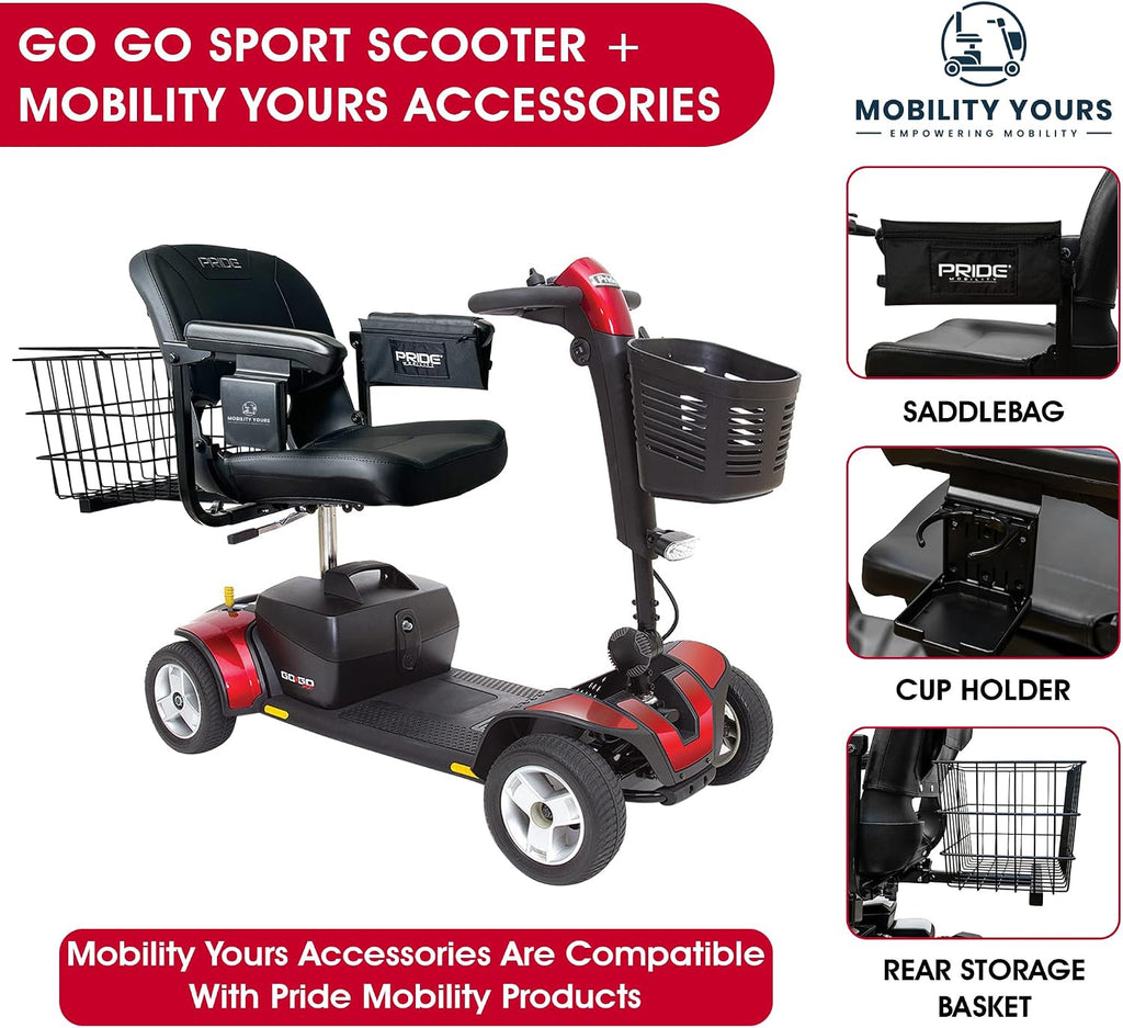 Pride Mobility Go Go Sport Plus Rear Basket, Cup Holder, Pride 4 Wheel Mobility Scooter for Adults and Seniors, Stable 325 lb Weight Capacity, 12 Mile Range, New EZ Turn, Extended Warranty