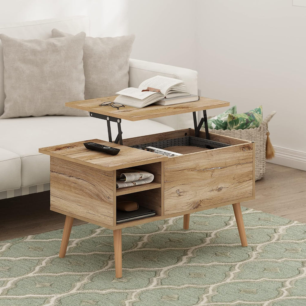 Furinno Jensen Wooden Leg Lift Top Coffee Table with Hidden Compartment and Side Open Storage Shelf for Living Room, Flagstaff Oak