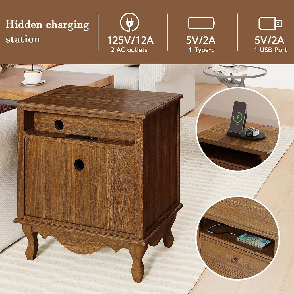 Solid Wood Nightstands Set of 2, Fully Assembled Night Stand with 2 Drawer & Open Shelf Storage, Bedside Table with Charging Station, Mid-Century Modern End Table for Bedroom, Walnut