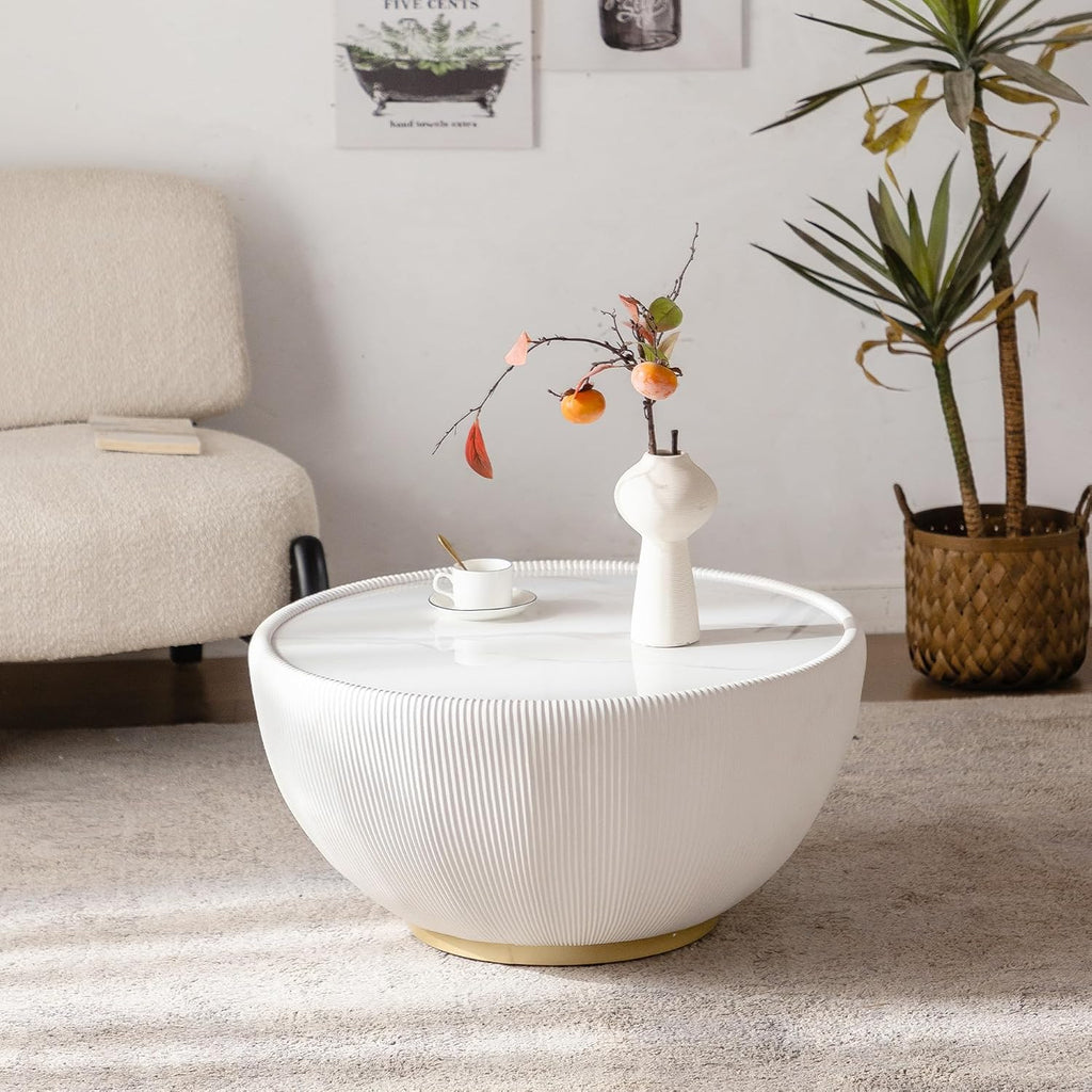 Modern Round Coffee Table Set of 2 Luxury Sintered Stone Top Coffee End Table in White/Black Leatherette Creative Bowl-Shape Small Coffee Side End Tables for Living Room Bedroom