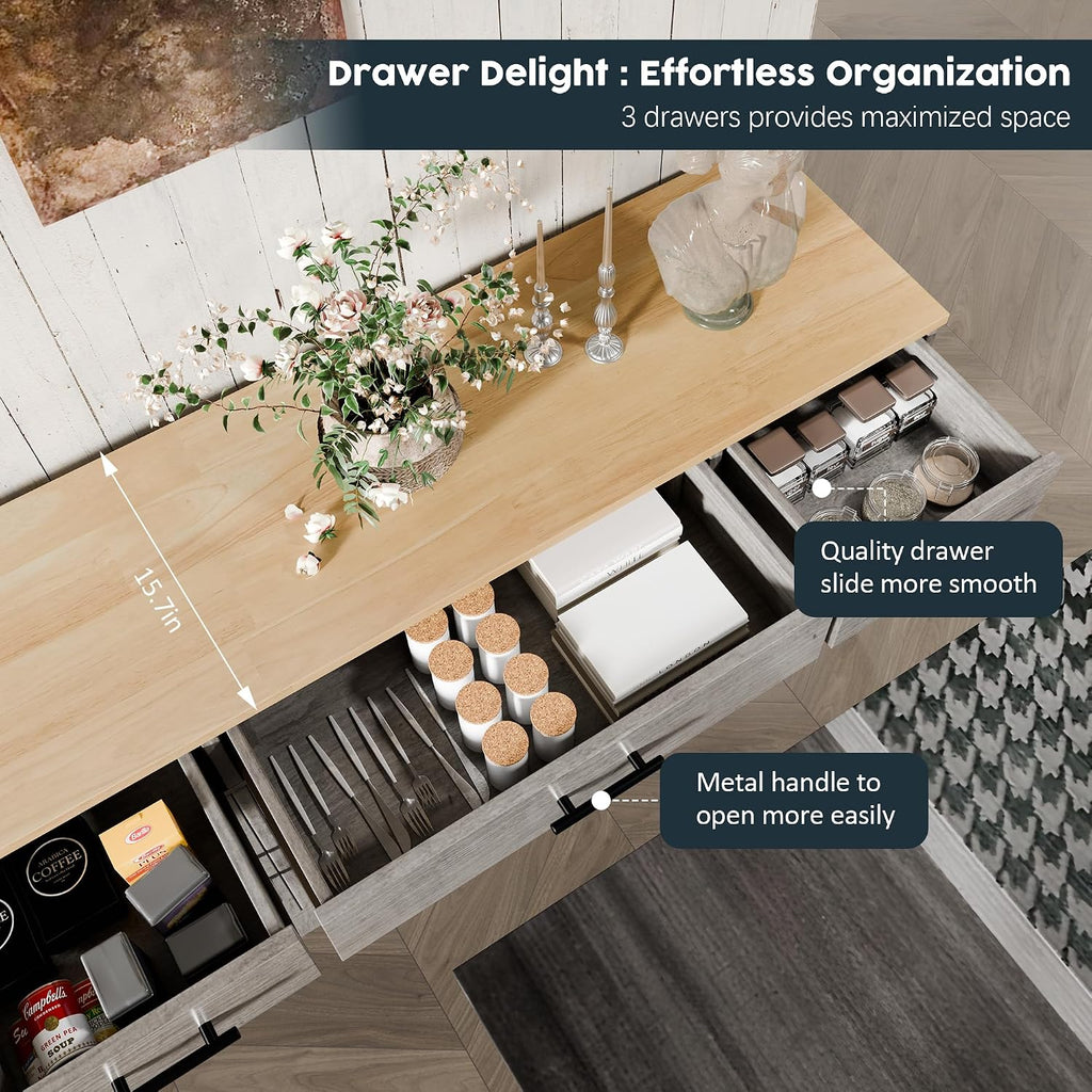 SUNLEI Kitchen Storage Cabinets, Farmhouse Buffet Cabinet with 4 Doors and 3 Drawers, Sideboard Small Storage Cabinet with Adjustable Shelf, for Kitchen, Dining Room & Living Room, Grey