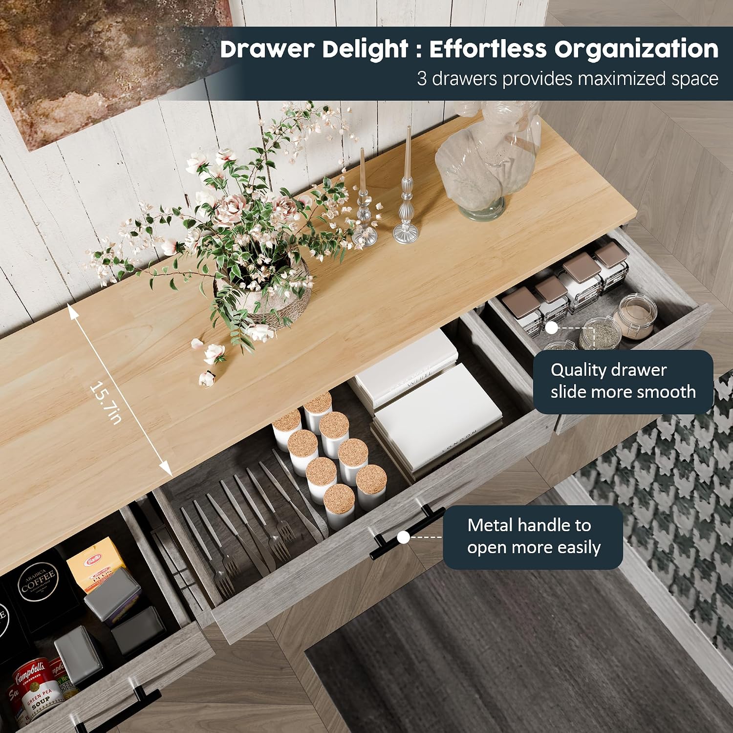 SUNLEI Kitchen Storage Cabinets, Farmhouse Buffet Cabinet with 4 Doors and 3 Drawers, Sideboard Small Storage Cabinet with Adjustable Shelf, for Kitchen, Dining Room & Living Room, Grey
