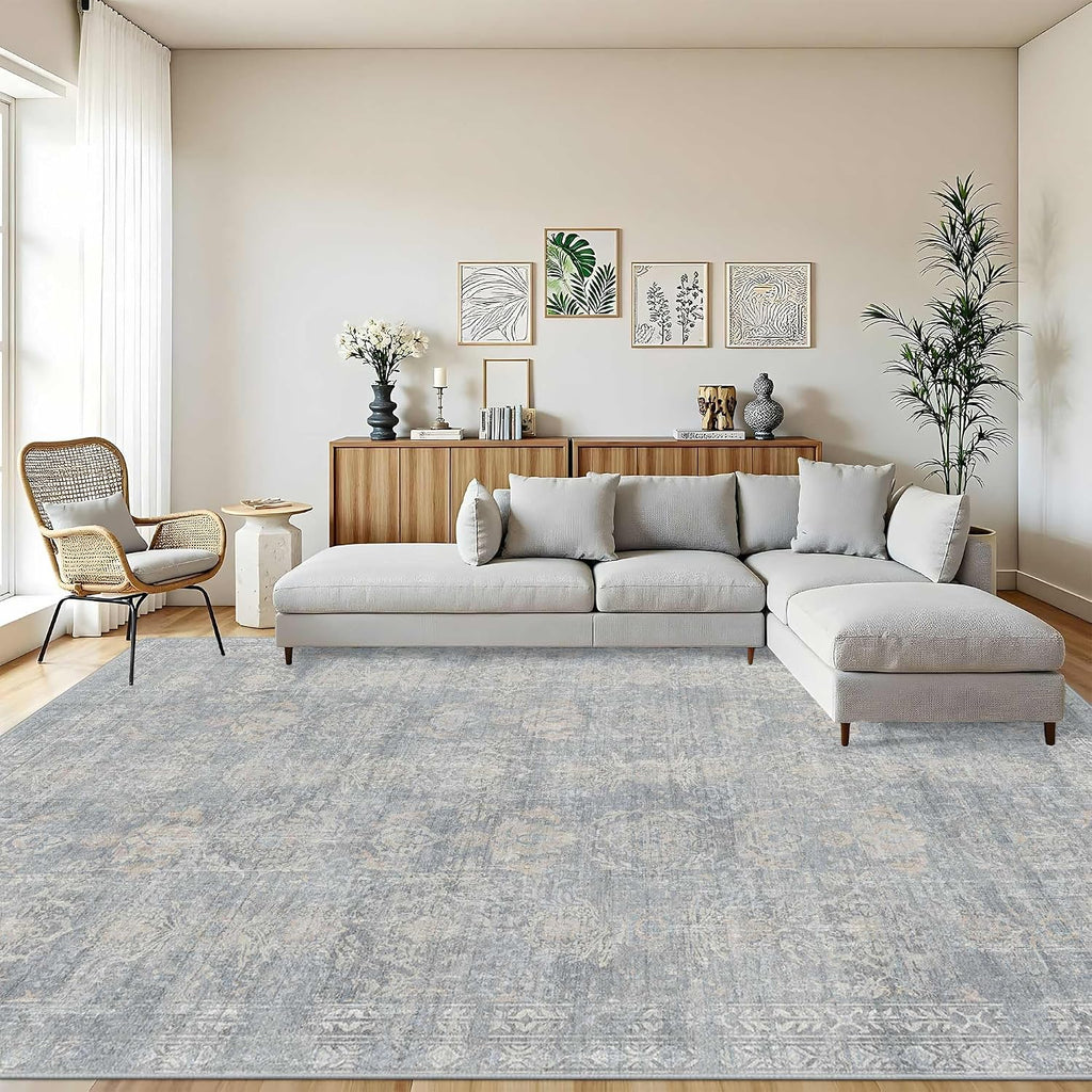 Rugxara 9x12 Area Rugs for Living Room Bedroom, Large Washable Rug, Blue Vintage Retro Boho Rug, Non Slip & Low Pile Faux Wool Thin Carpet for Indoor Dining Room and Kids Room(Blue/Beige 9x12ft)