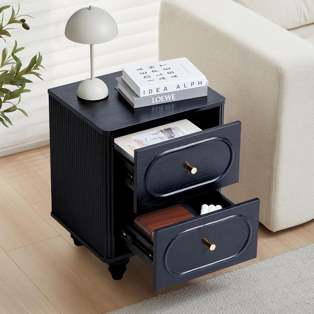 2 Drawer Fluted Nightstand Set of 2, Mid Century Modern Farmhouse Night Stand Small End Table Bedside Table for Bedroom, Living Room, Black