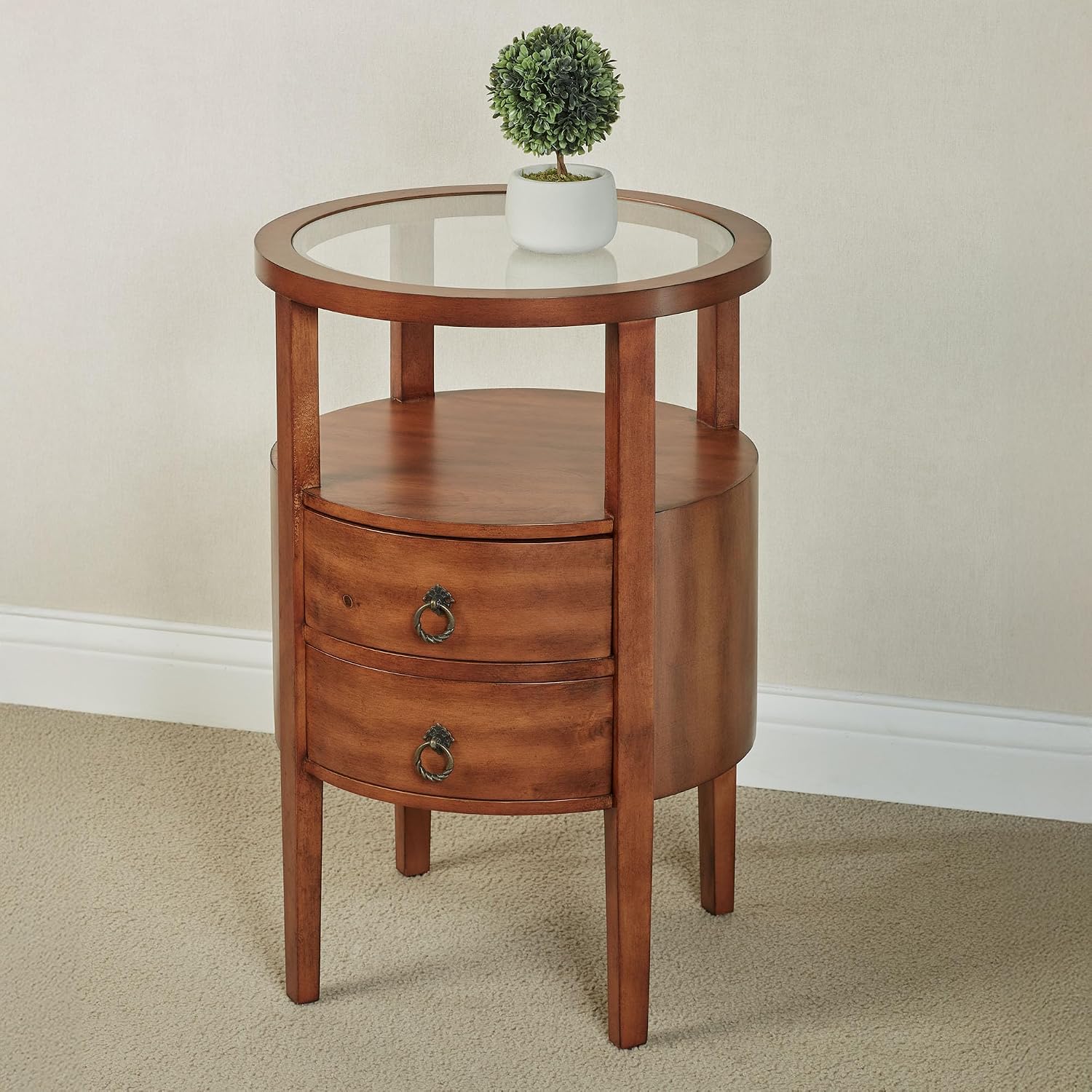 Louis Round Side Cabinet | Regal Walnut Finished Wooden Furnishing | Two Storage Drawers, Open Display Area Shelf, & Clear Glass Tabletop | Circle Wood End Table Furniture | No Assembly Is Required