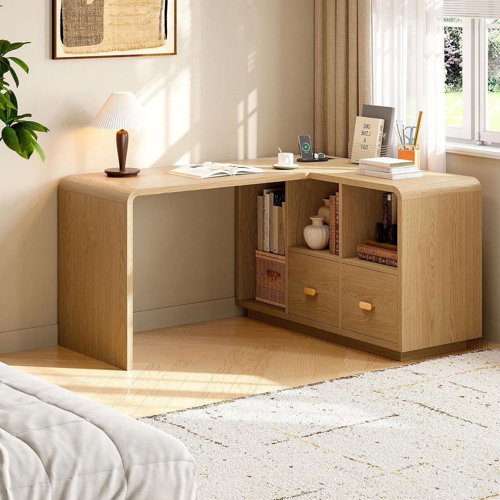 ONBRILL 58' Executive L Shaped Desk with Power Outlets and USB, Home Office Computer Desk with File Drawer and Storage Shelves, Natural Oak