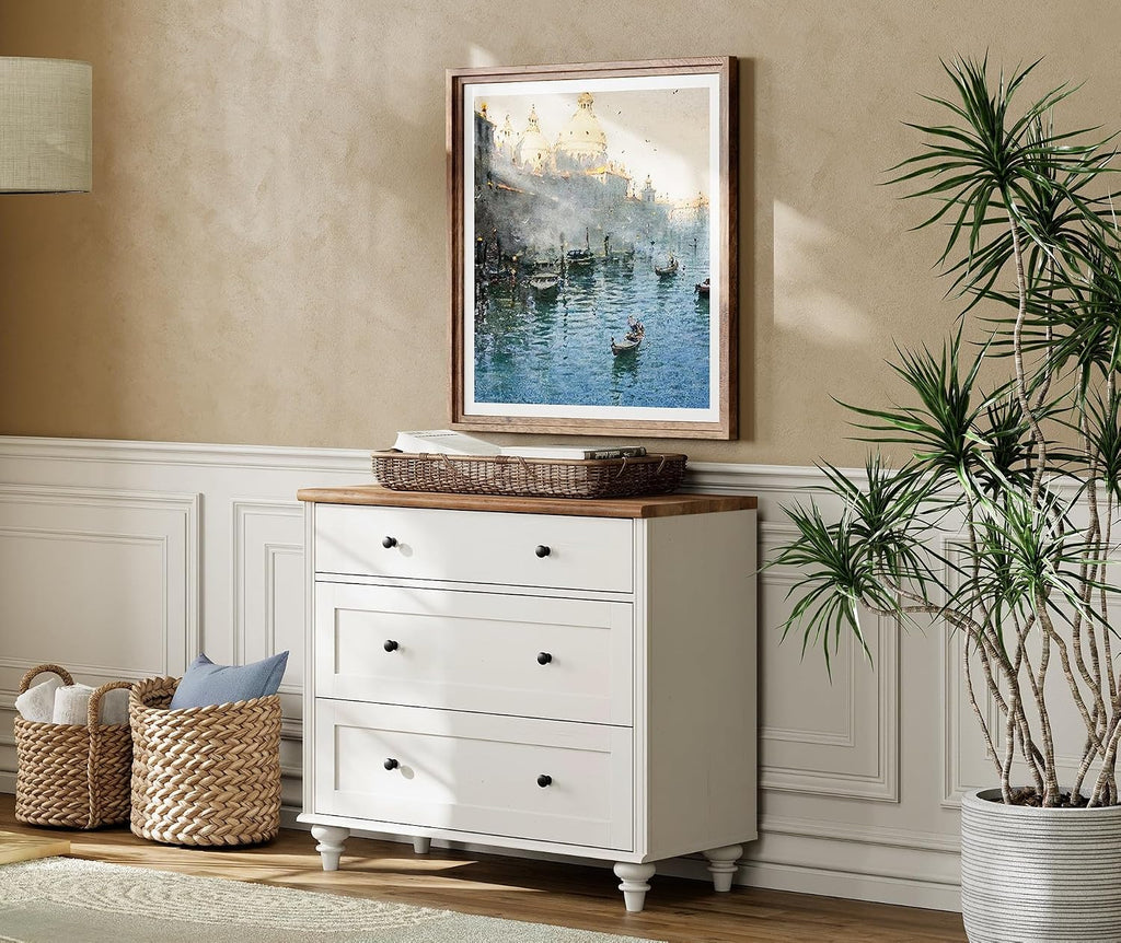 WAMPAT Farmhouse End Table with 3 Drawers, Large Wood Bedside Table Night Stand, Wide Sofa Side End Table 3 Drawers Chest, White