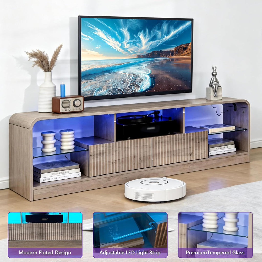 Wodeer Mid Century Modern TV Stand for 55 60 65 70 75 Inch TVs, Fluted TV Stands for Living Room with LED Lights, 63'' Entertainment Center with 2 Large Drawers & Glass Shelves, Grey