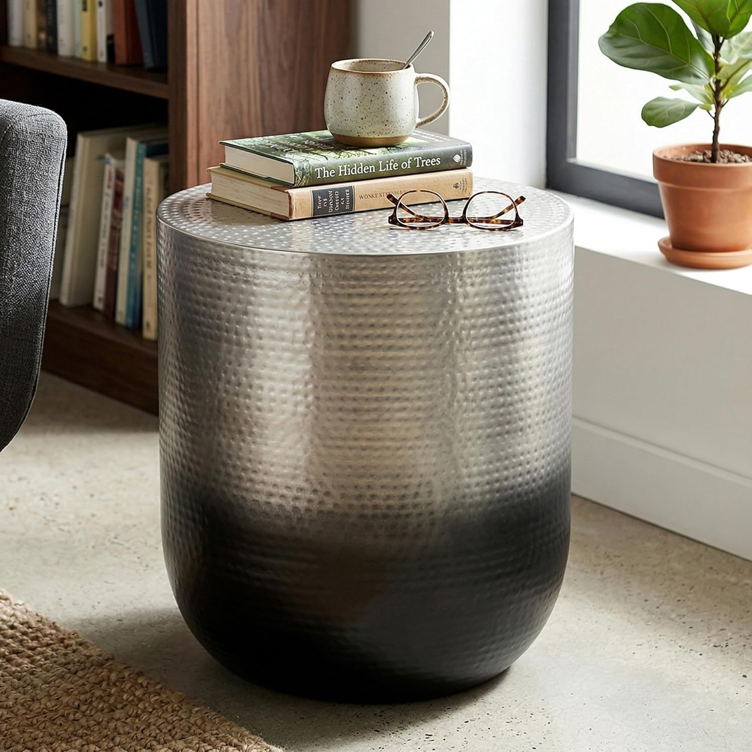 SIMPLIHOME Nova Metal Table - 19 inch Wide Round Iron Accent Table in Silver Ombre, Boho Drum Side Table for Living Room, Bedroom, or Office with Distinctive Textured Finish, Assembled