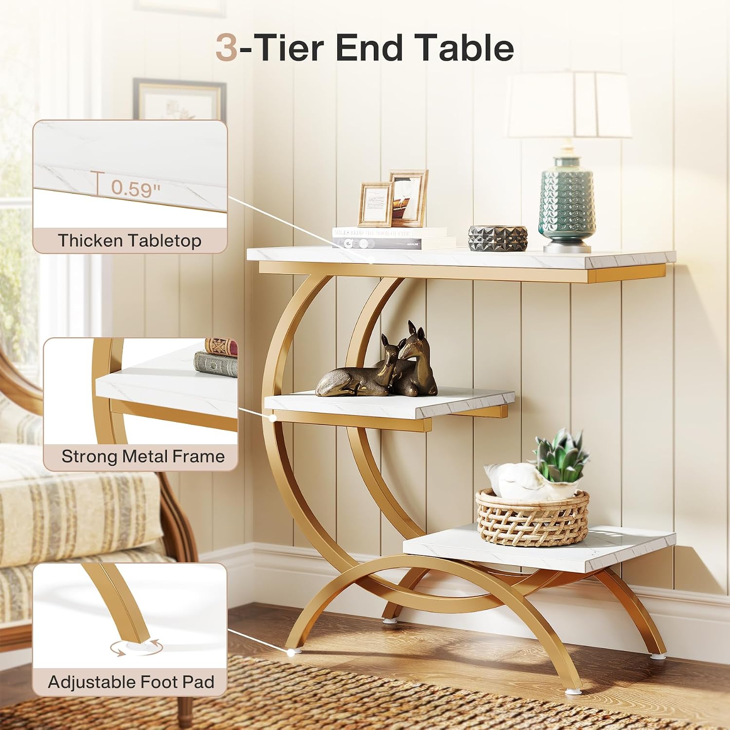 Tribesigns C-Shaped End Table Set of 2, Industrial 3-Tier Small Side Table for Couch, Wood Bedside Table Snack Side Table with Storage Shelves for Living Room Small Space, White Gold
