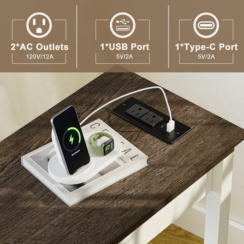 Treocho Farmhouse End Tables Living Room Set of 2, Narrow Side Table with Charging Station, Soft White Table Bedside Sofa for Small Spaces, Living Room, Bedroom