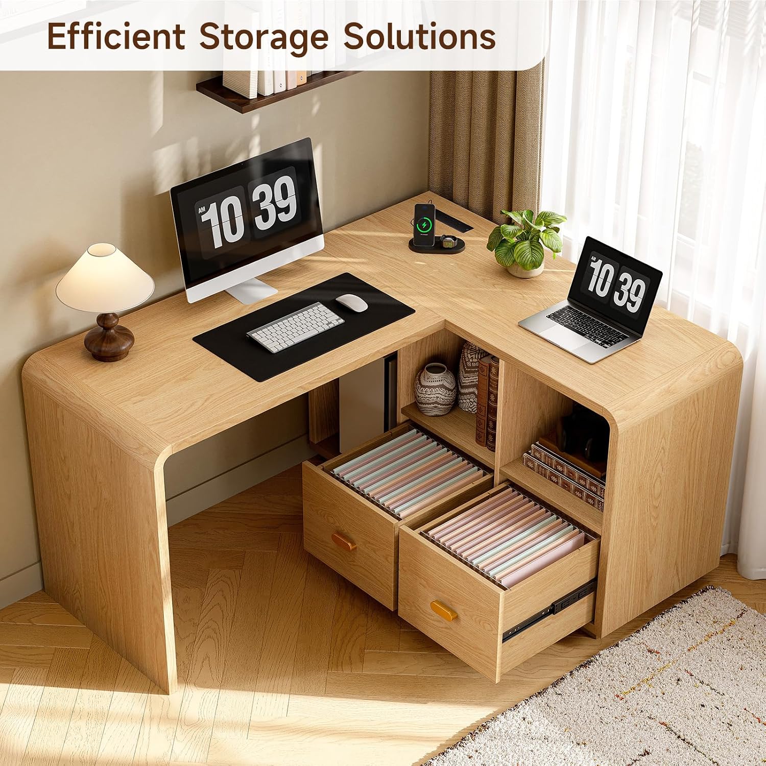 ONBRILL 58' Executive L Shaped Desk with Power Outlets and USB, Home Office Computer Desk with File Drawer and Storage Shelves, Natural Oak