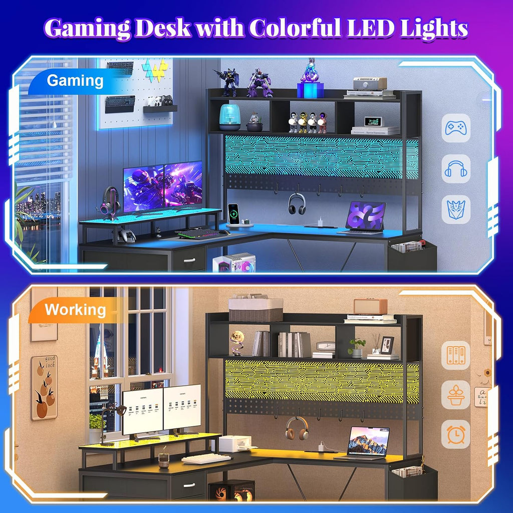 L Shaped Gaming Desk with Hutch, Reversible Computer Corner Desk with Drawers, Gaming Desk with LED Lights Panel, Power Outlets, Pegboard and Monitor Stand, Black