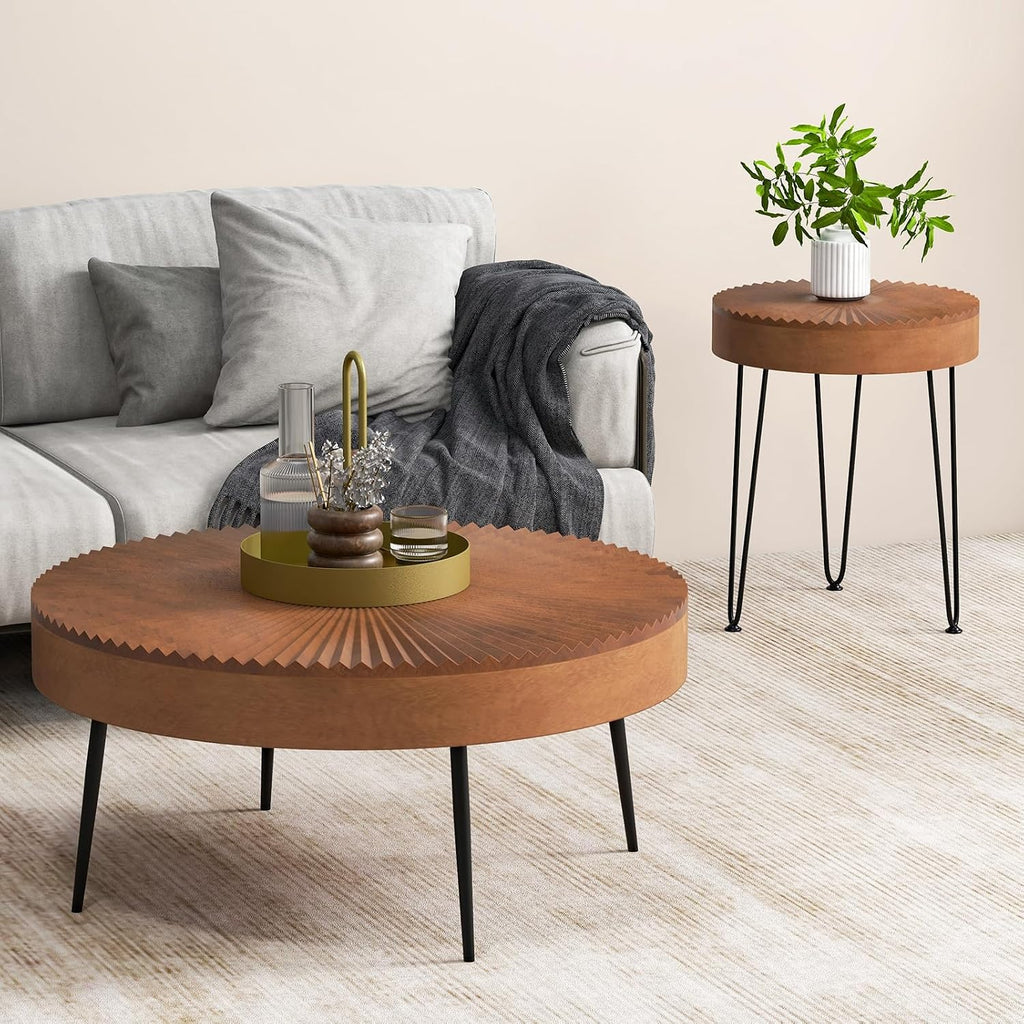 Giantex Boho Round Coffee Table Set of 2, Sofa Side Nesting Table with Solid Pine Wood Top, Metal Legs & Adjustable Foot Pads, 31.5' D Large Table Set for Living Room (Radial Pattern, Brown)