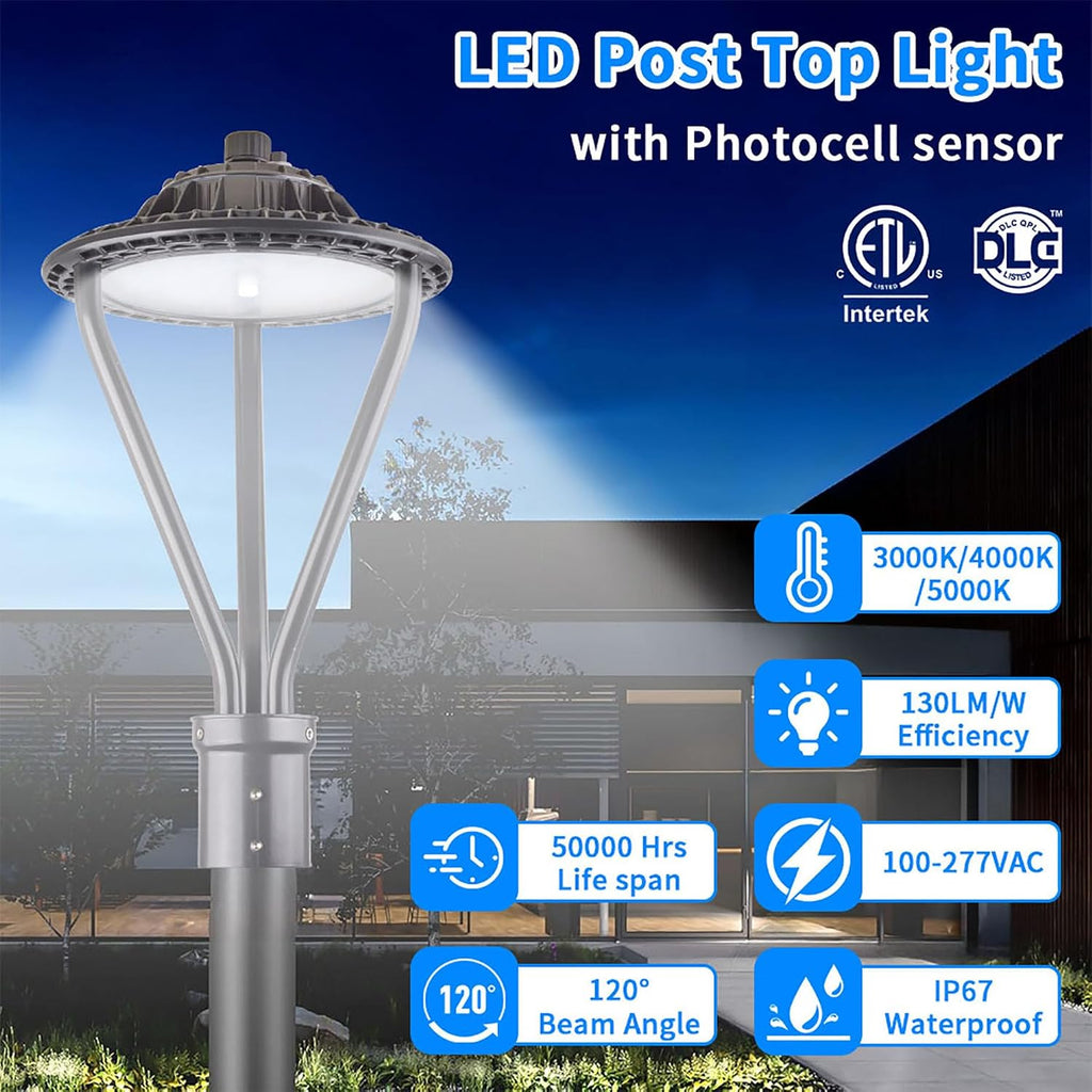 LED Post Top Light 30/50/75W Adjustable 9750 LM 3000/4000/5000K LED Circular Area Light Outdoor Pole Lights with Photocell, IP67 Parking Lot Lights Fixture Commercial Lighting, 100-277V ETL&DLC Listed