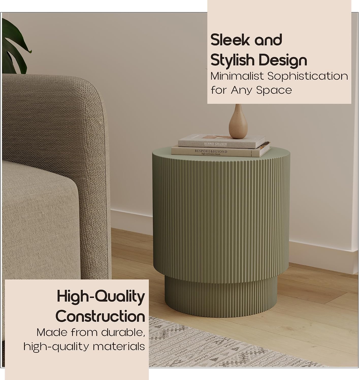 LeisureMod Modern Side Table Round Fiberstone Top Accent End Table for Home, Outdoor Patio, Living Room Sofa, Weather-Resistant, Eden Series in Olive Green