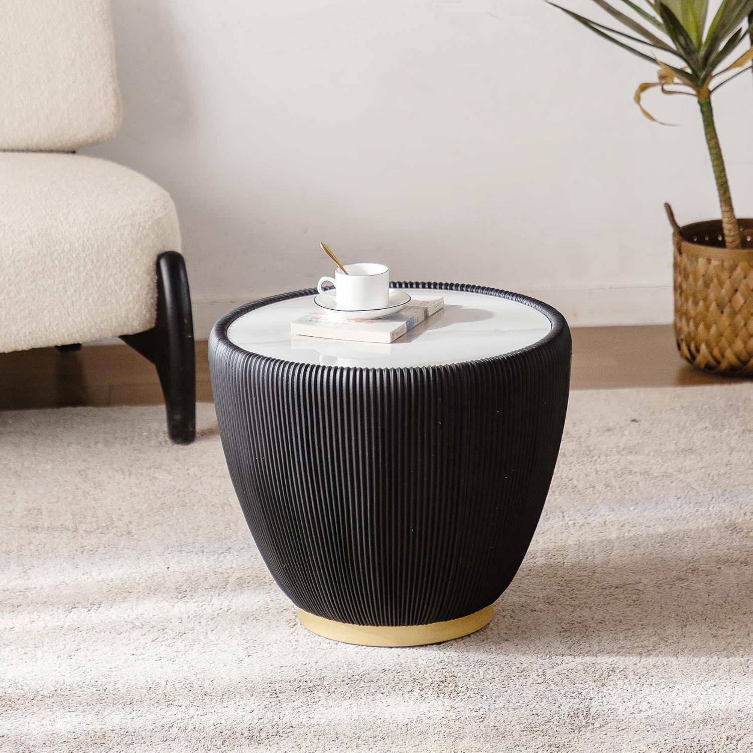 Modern Round End Table Luxury Sintered Stone Top Coffee Table in Black Leatherette Creative Bowl-Shape Small Coffee Side End Table for Living Room Bedroom,Fully Assembled