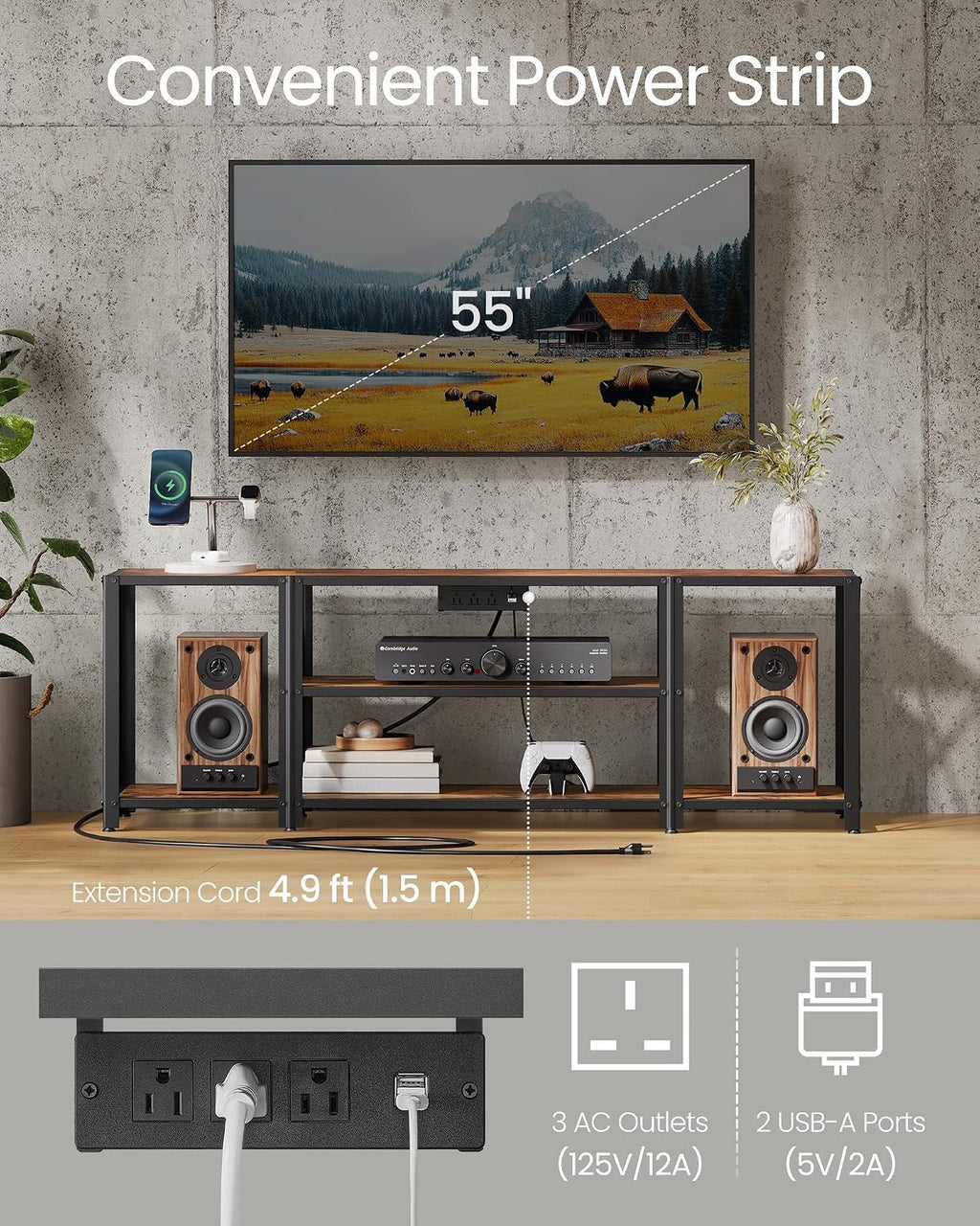 VASAGLE TV Stand with Power Outlets and LED Lights, for TVs up to 60 Inches, Entertainment Center with Open Storage Shelves, TV Console Table for Living Room, Rustic Brown and Ink Black ULTV121K01