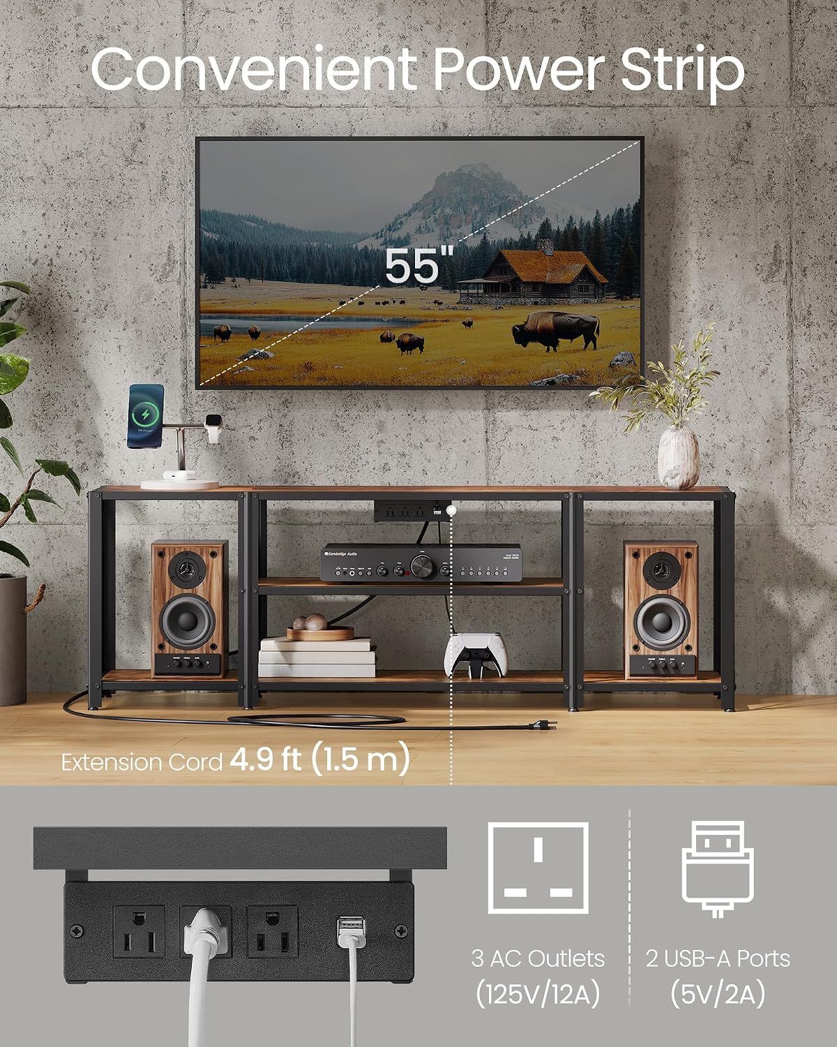 VASAGLE TV Stand with Power Outlets and LED Lights, for TVs up to 60 Inches, Entertainment Center with Open Storage Shelves, TV Console Table for Living Room, Rustic Brown and Ink Black ULTV121K01