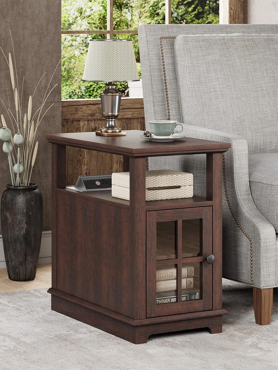 HIFYOBRO Narrow End Table with Charging Station, Flip Top Design, Type-C & USB Ports & Outlets, Adjustable Shelf for Storage in Living Room, Bedroom, Home Office