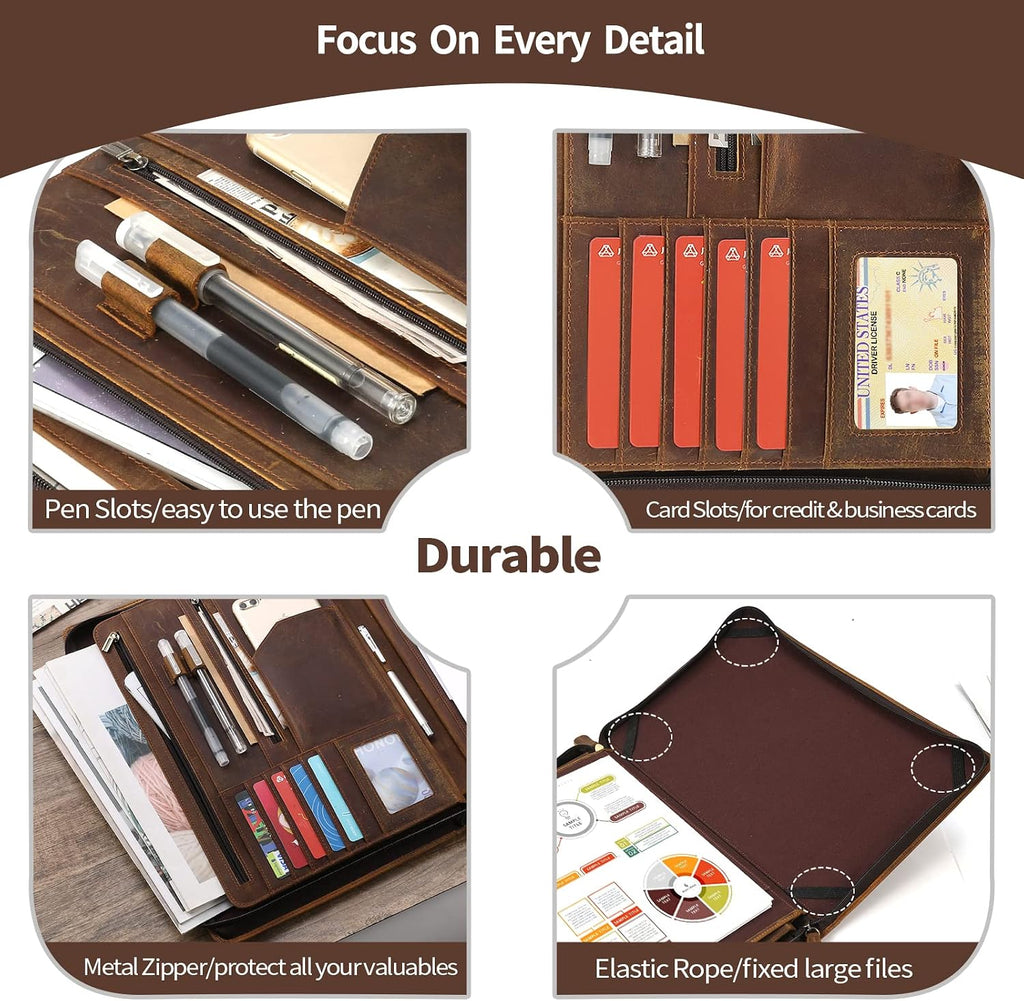 Ringsun Genuine Leather Portfolio Organizer for Men Women with Handle, Full Grain Leather Padfolio Folder with Zipper Business Resume Portfolio for 12.9' iPad, Brown, RS118