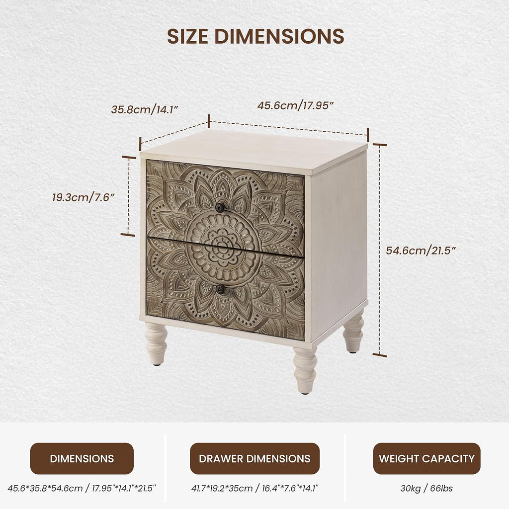 COSIEST Vintage Nightstand Set of 2, 18' Wide Wood Small Bed Side Table with 2 Drawers, Accent Bedside Table, Bedroom Furniture for Home, Office (Lotus Pattern)