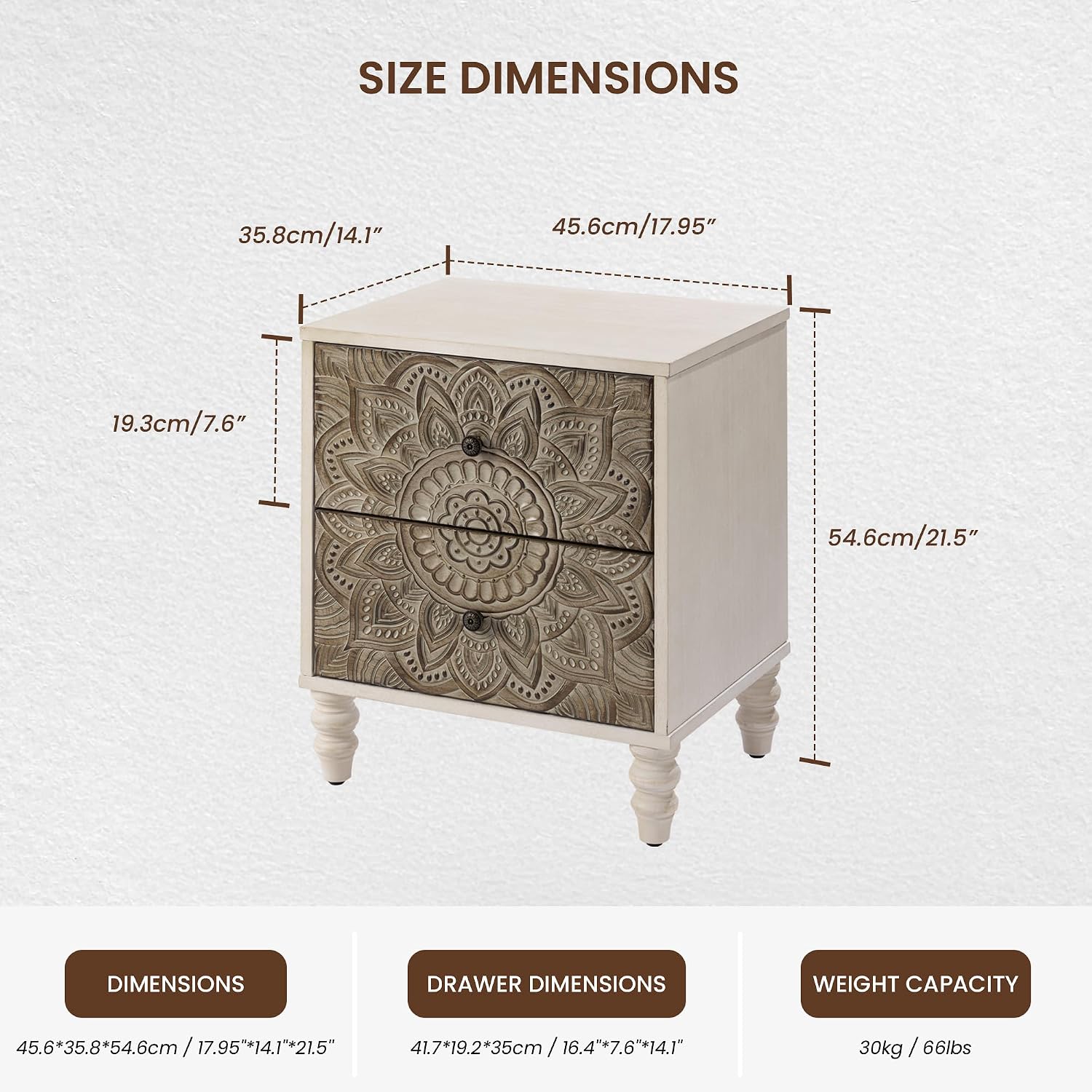 COSIEST Vintage Nightstand Set of 2, 18' Wide Wood Small Bed Side Table with 2 Drawers, Accent Bedside Table, Bedroom Furniture for Home, Office (Lotus Pattern)