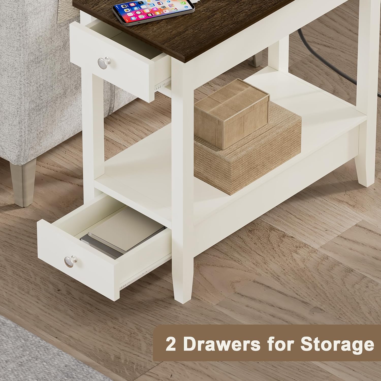 Treocho Farmhouse End Tables Living Room Set of 2, Narrow Side Table with Charging Station, Soft White Table Bedside Sofa for Small Spaces, Living Room, Bedroom