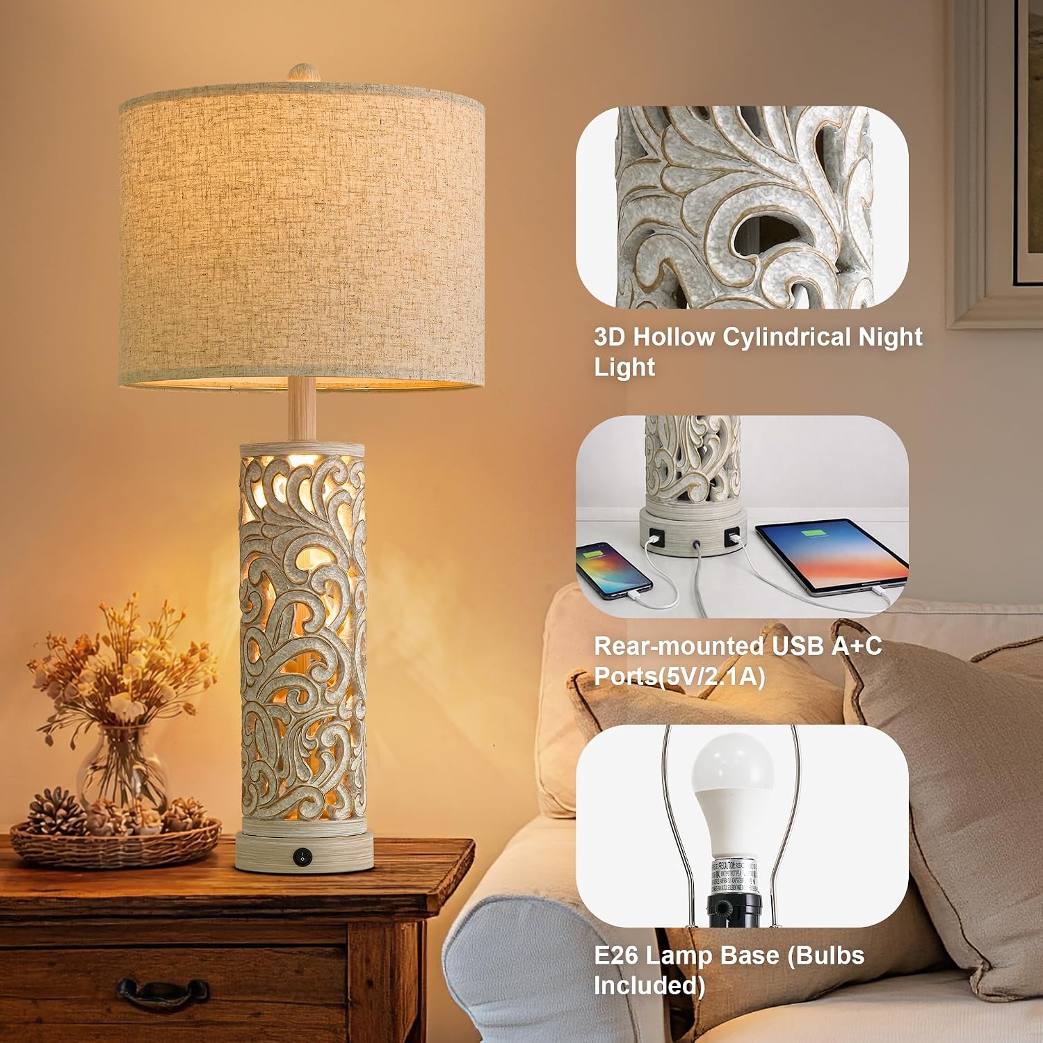 OYEARS 2-in-1 Light Table Lamp Set of 2 for Living Room, 28.5' Farmhouse Bedside Lamps with USB Charging Port, Main&Night Light & Dual Switches, Nightstand Lamp for Bedroom Home Office(Bulb Included)